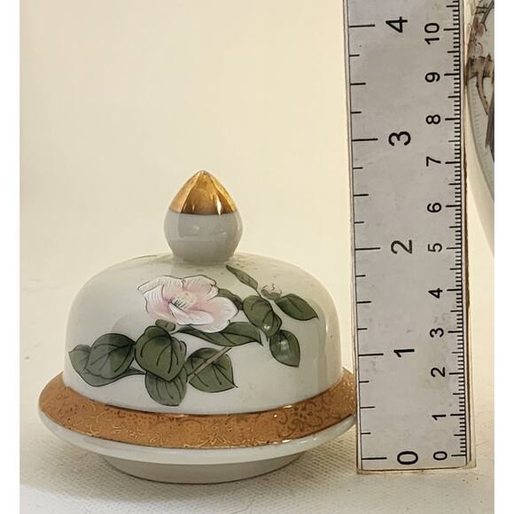GINGER JAR/JAPAN-Cherry Blossoms-Bird-Gold Tone Trim-Cream Color-Lid-Shelf Decor - Picture 14 of 14